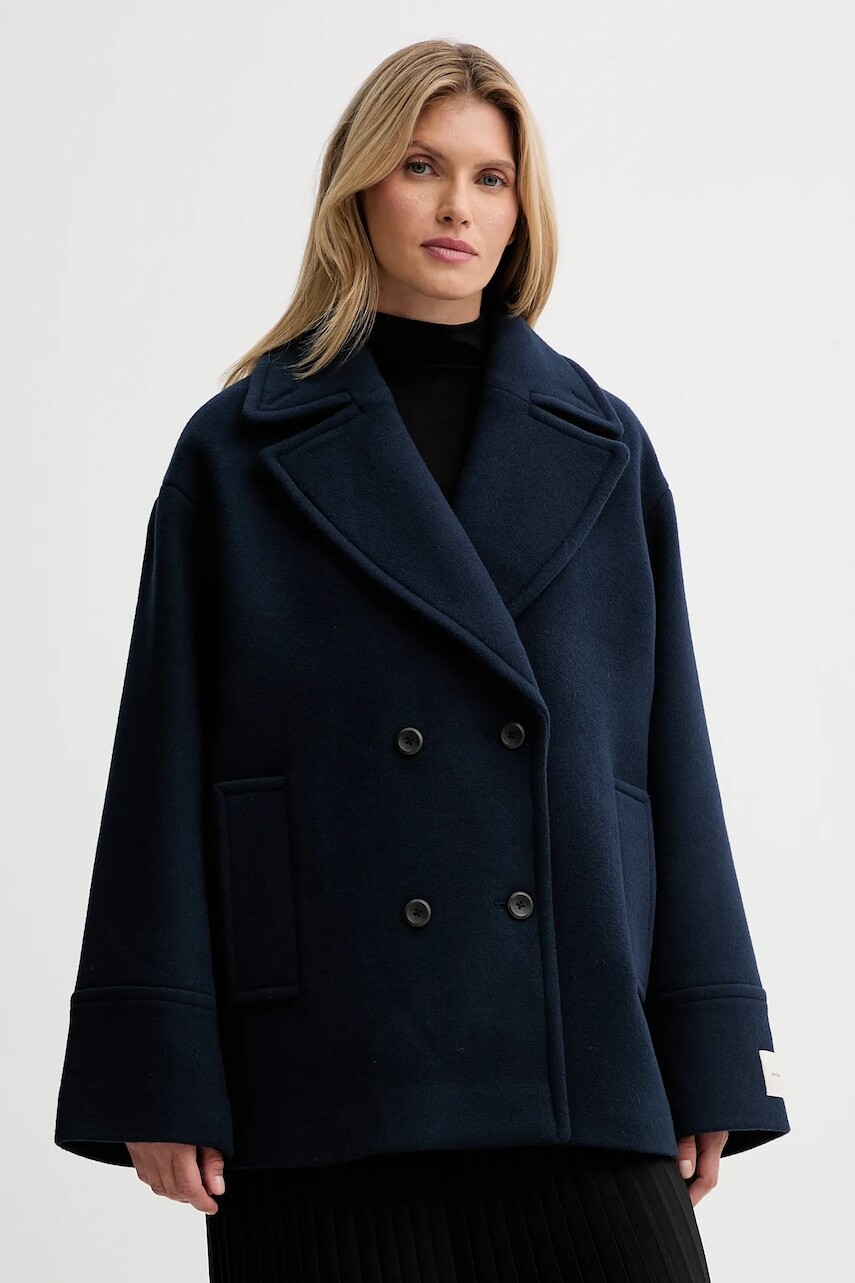 Kabát s prímesou vlny Calvin Klein tmavomodrá farba, LV044D549G