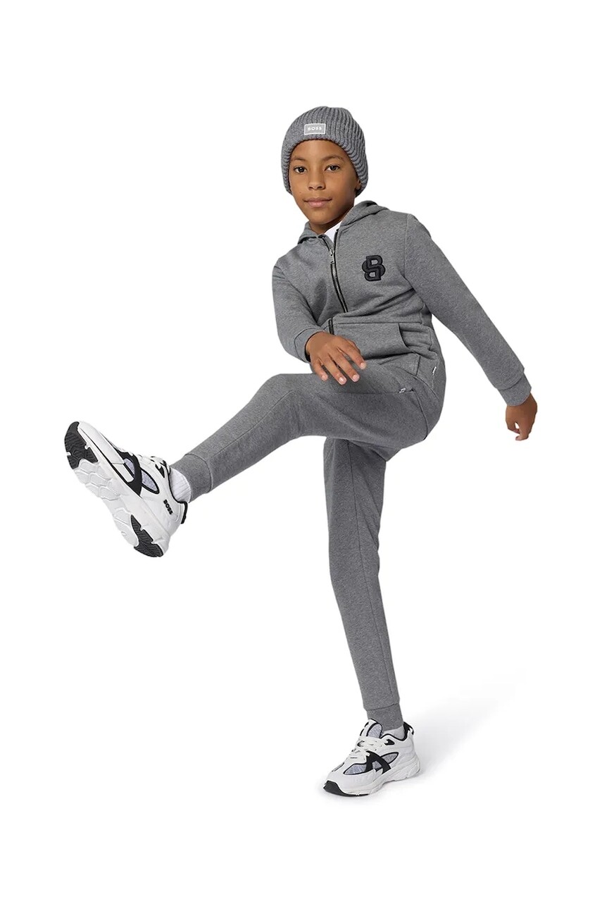Detská mikina BOSS šedá farba, s kapucňou, s nášivkou, J52320