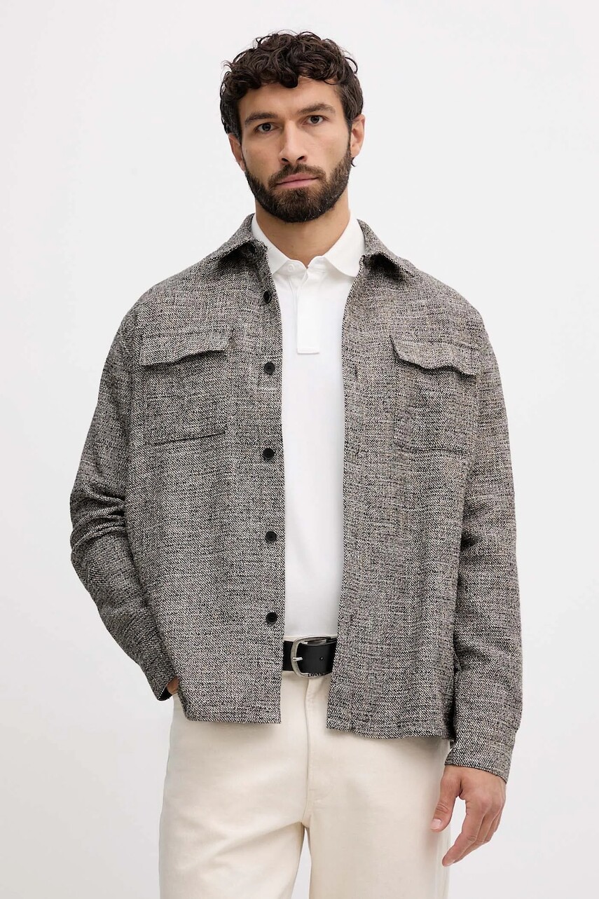 Košeľa s prímesou vlny Karl Lagerfeld čierna farba, voľný strih, s klasickým golierom, 554025.605975