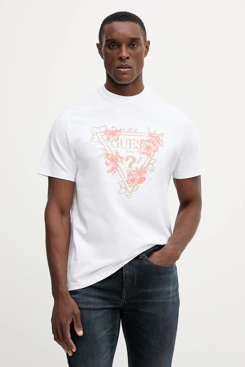 Bavlnené tričko Guess pánske, biela farba, s nášivkou, M5YI21 K8FQ4