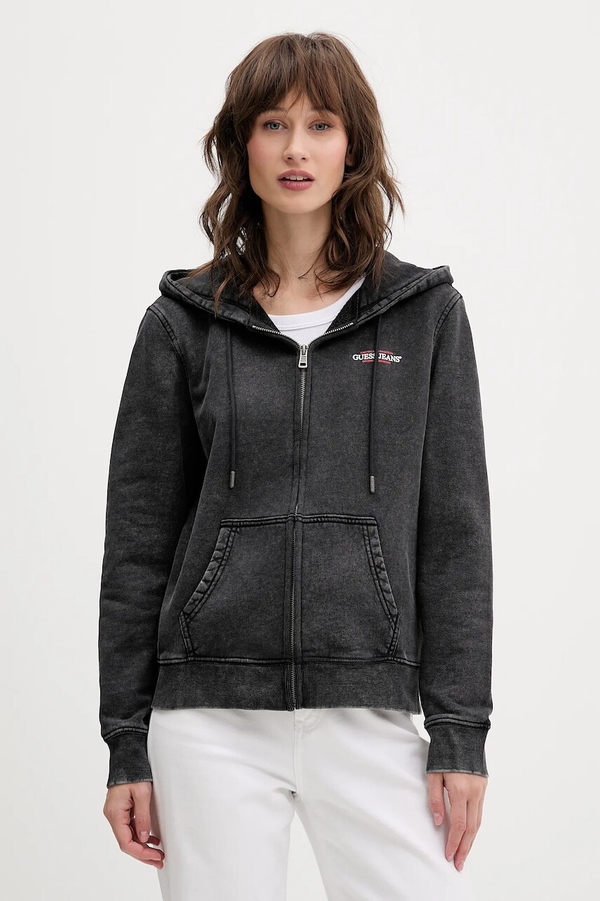 Bavlnená mikina Guess Jeans šedá farba, s kapucňou, s potlačou, W5BQ14 KCPR1