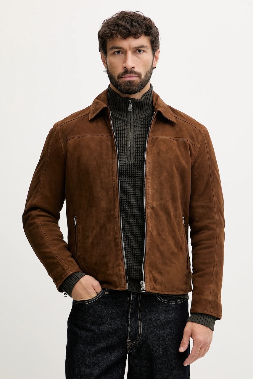 Semišová bunda Pepe Jeans hnedá farba, prechodná, PM4027183