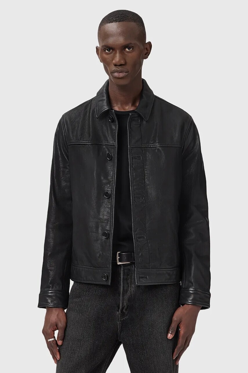 Kožená bunda AllSaints NATES čierna farba, prechodná, M010LD