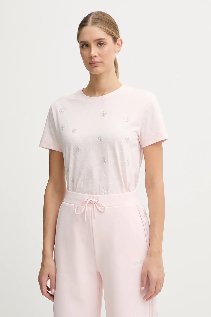 Bavlnené tričko Guess RHOMBUS dámske, ružová farba, V5BI14 I3Z14