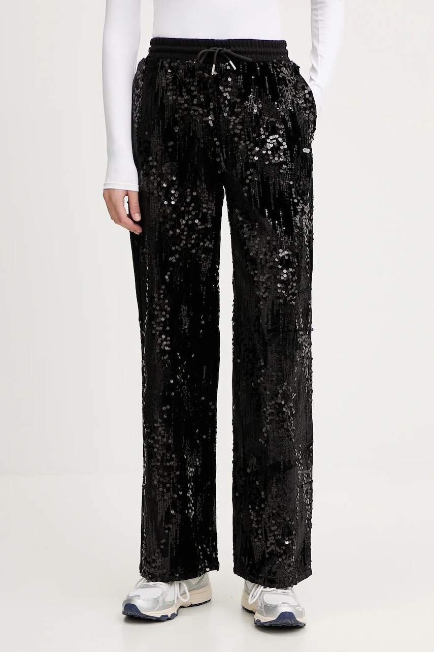 Velúrové tepláky Guess čierna farba, s nášivkou, V5BB01 K1922