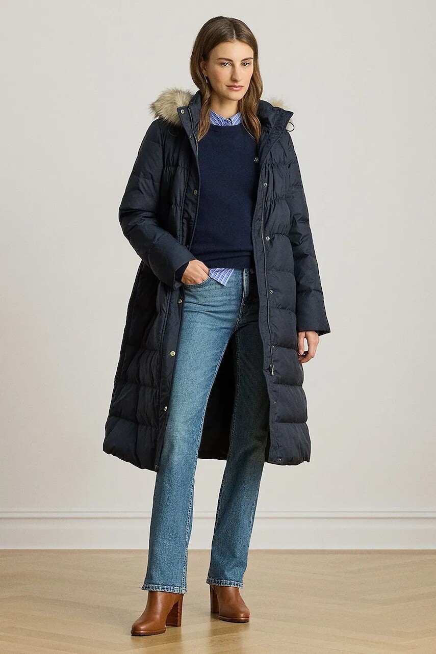 Páperová bunda Lauren Ralph Lauren tmavomodrá farba, prechodná, 297P04097