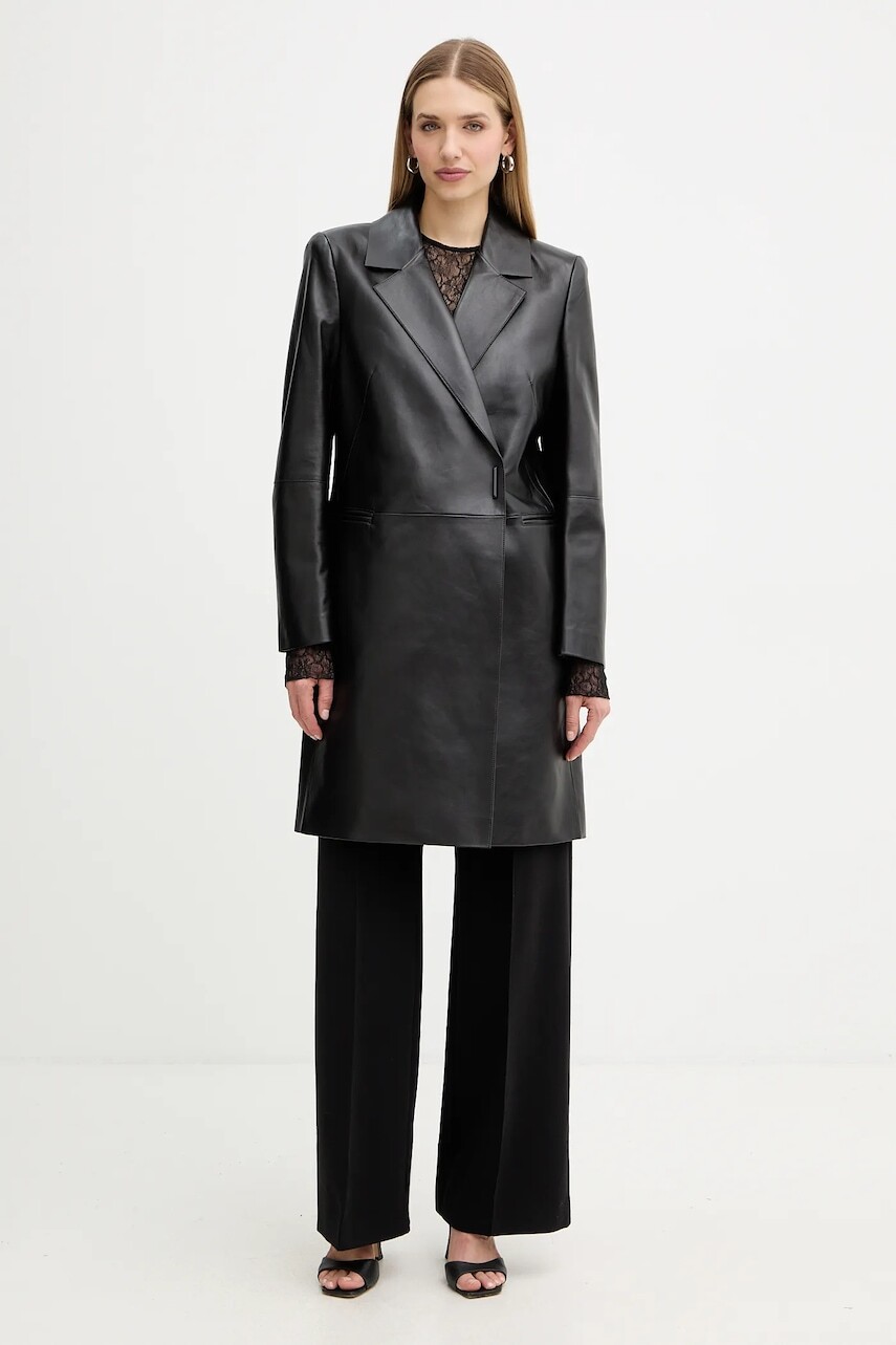 Kožený kabát BOSS čierna farba, 50556276