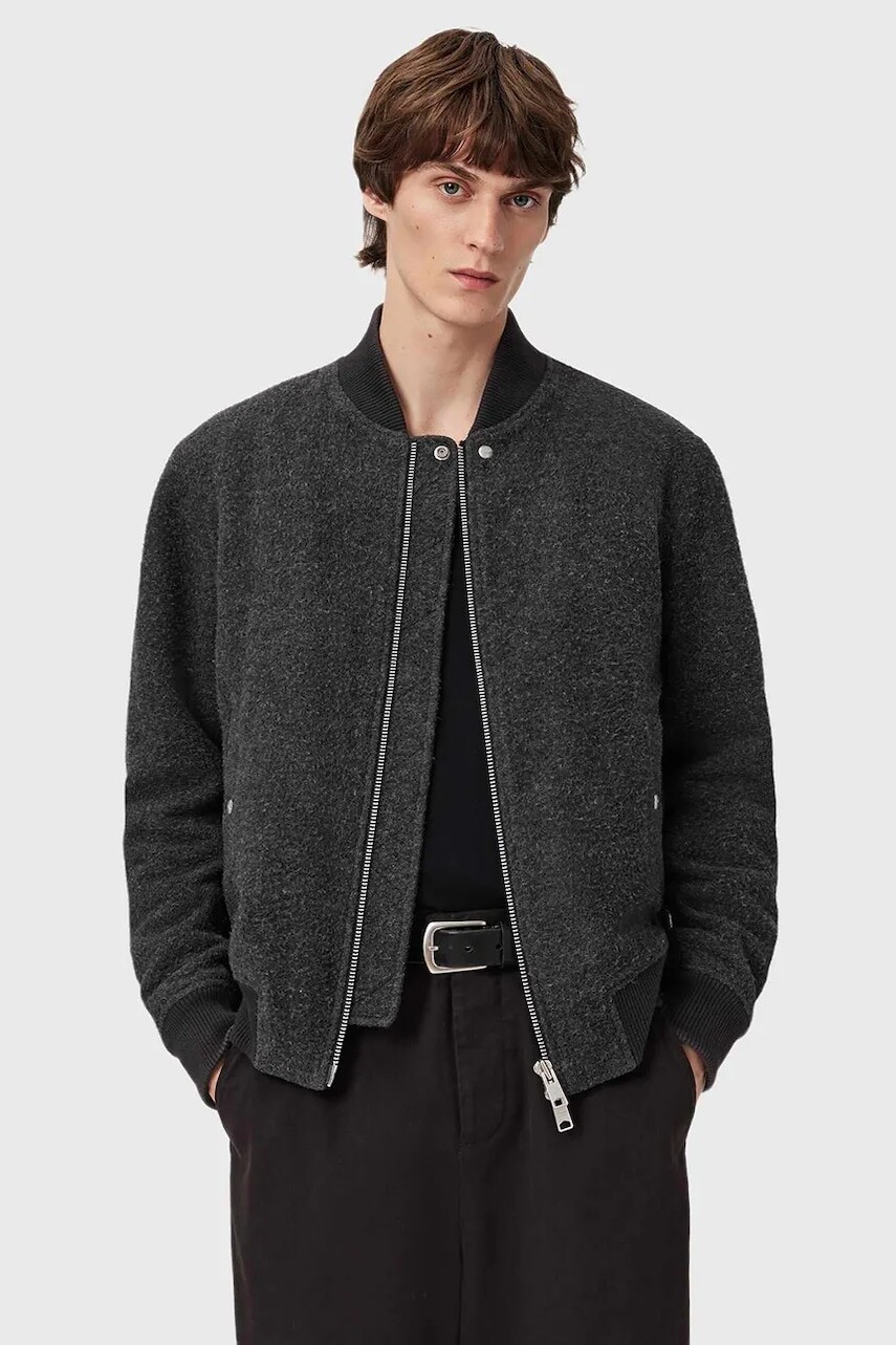 Bomber bunda s prímesou vlny AllSaints šedá farba, prechodná, M047OD