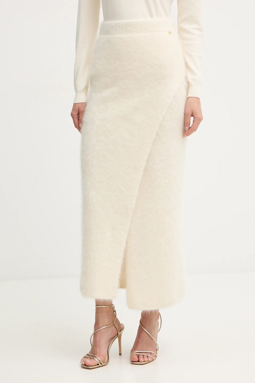 Sukňa s prímesou vlny Marciano by Guess AGNES béžová farba, maxi, puzdrová, 5BGD02 5794Z