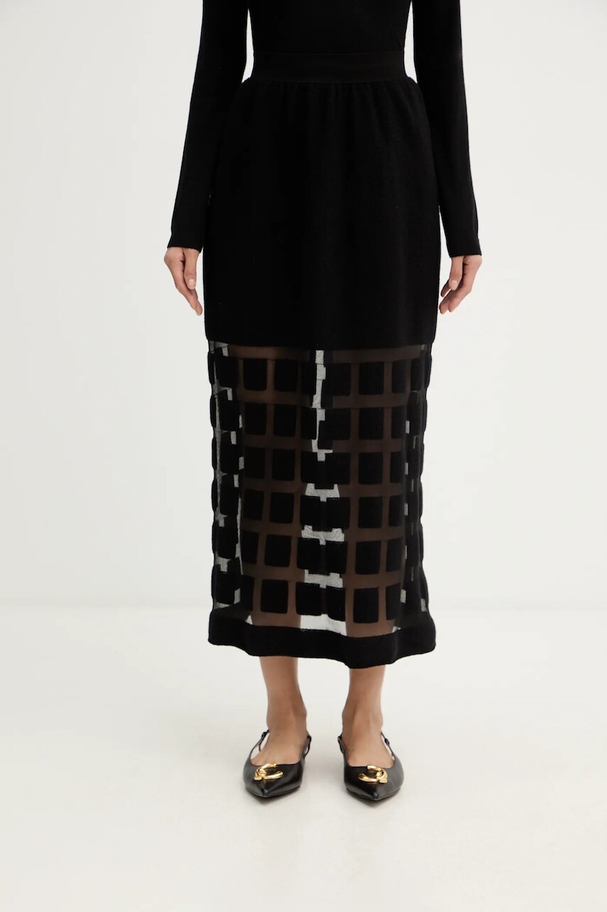 Vlnená sukňa Liviana Conti čierna farba, midi, áčkový strih, L5WA78