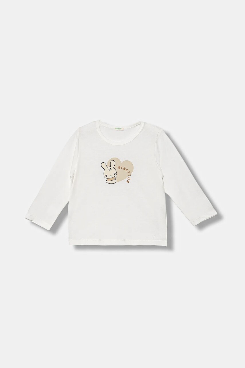 Detské bavlnené tričko s dlhým rukávom United Colors of Benetton biela farba, s potlačou, 3ATNA105L