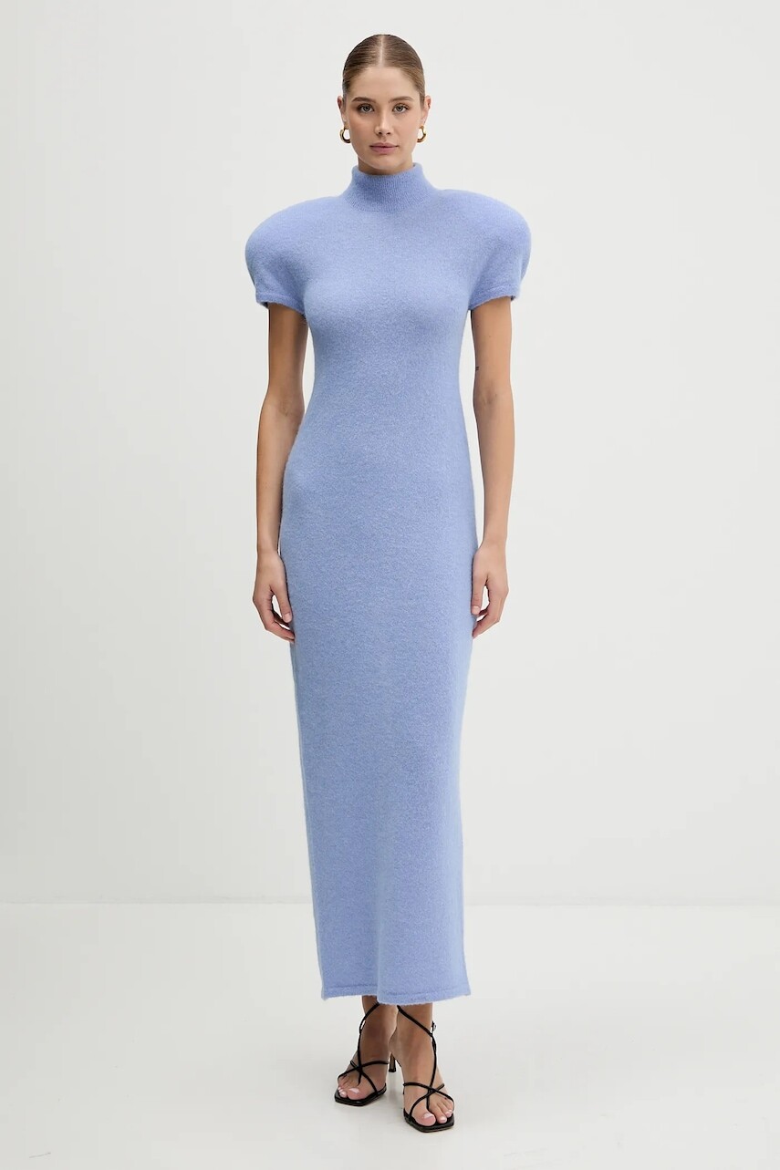 Šaty s prímesou vlny La Mania NOIR modrá farba, maxi, priliehavé, NOIR