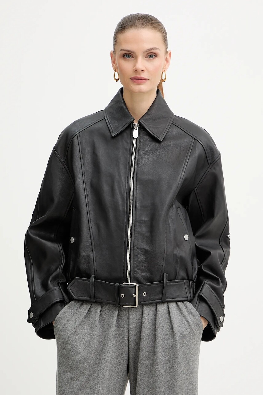 Kožená bunda Pinko čierna farba, prechodná, oversize, 105793 A2U7