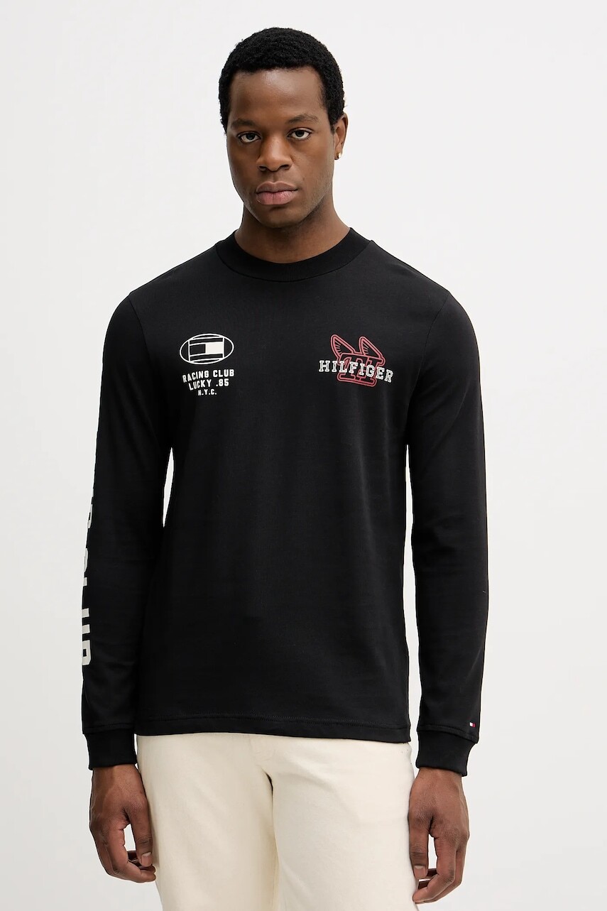 Bavlnené tričko s dlhým rukávom Tommy Hilfiger čierna farba, s potlačou, MW0MW41467