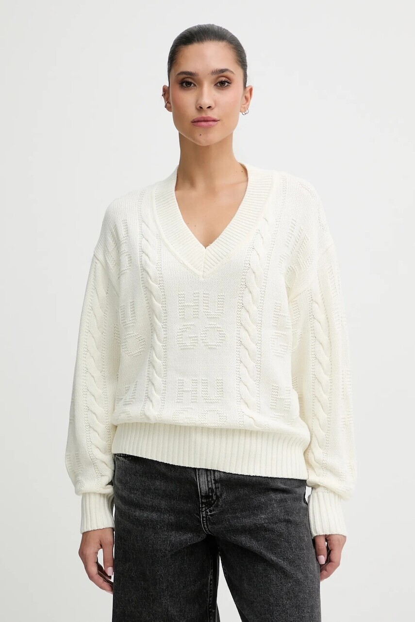 Sveter s prímesou vlny HUGO béžová farba, 50554075