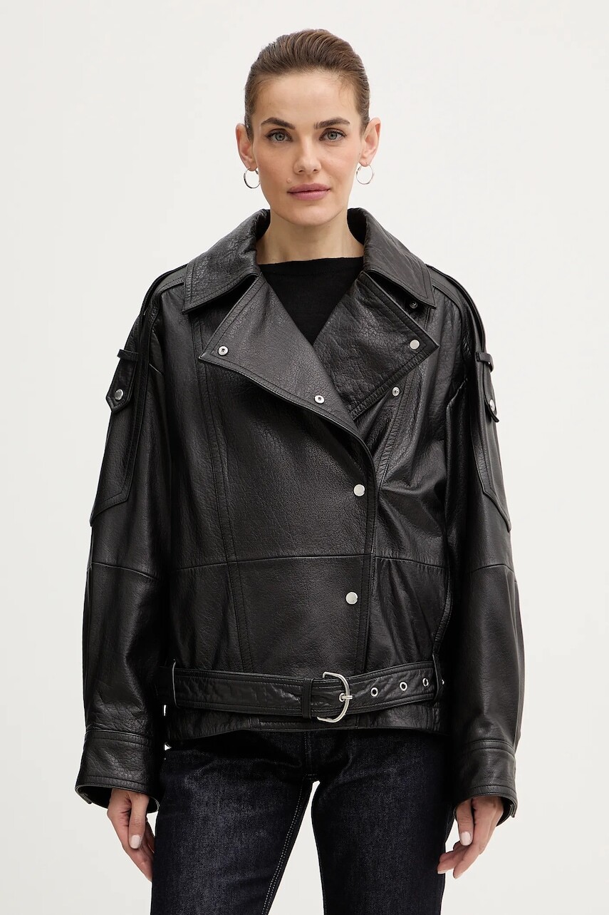 Kožená bunda BOSS Orange čierna farba, prechodná, 50552201