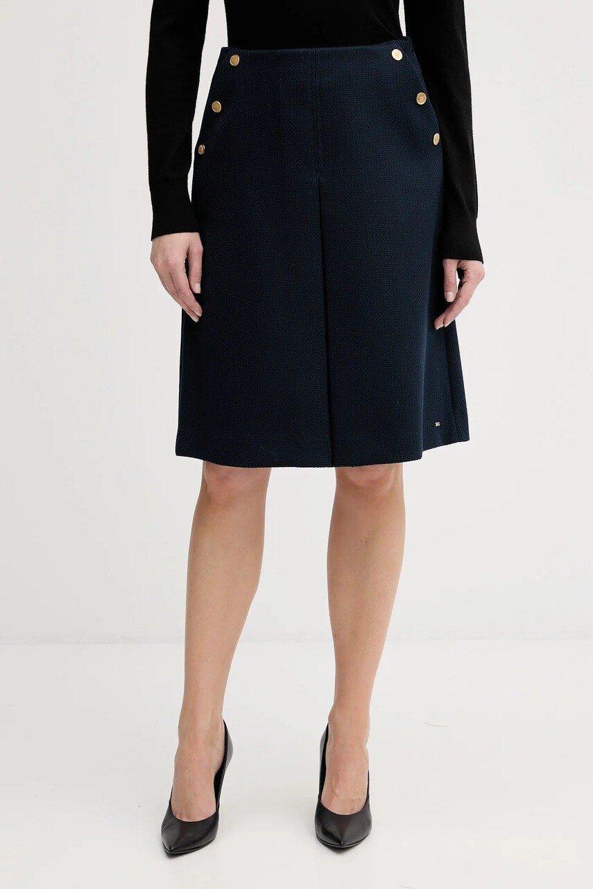 Sukňa s prímesou vlny Tommy Hilfiger tmavomodrá farba, mini, rovný strih, WW0WW49474