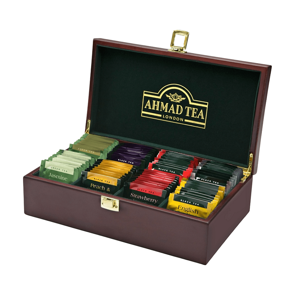 AHMAD TEA Keeper drevená kazeta čiernych a zelených čajov 80 sáčkov