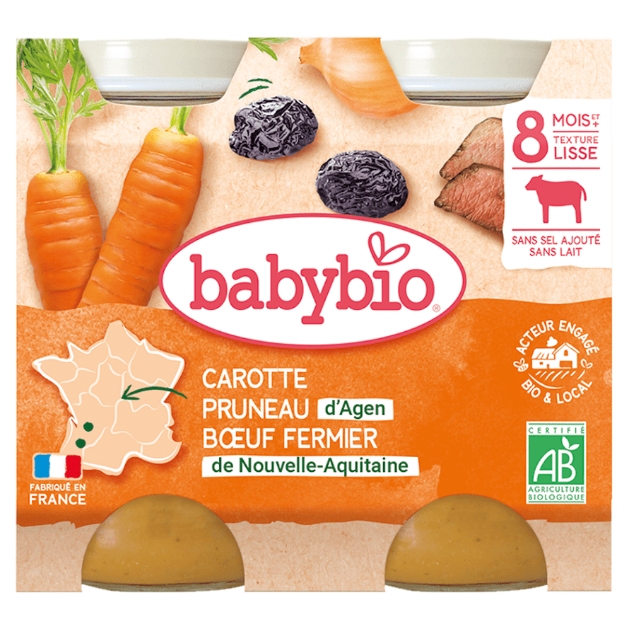 BABYBIO menu mrkvu a sušené slivky s hovädzím mäsom 2x200 g, poškodený obal