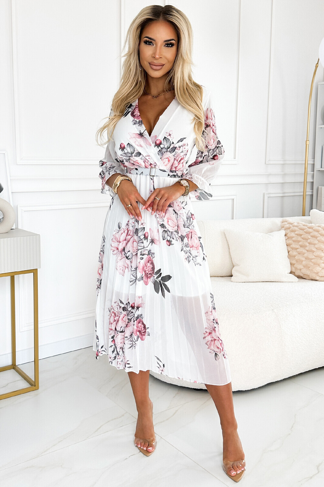 Numoco Biele kvetinové midi šaty s opaskom Veľkosť: UNI