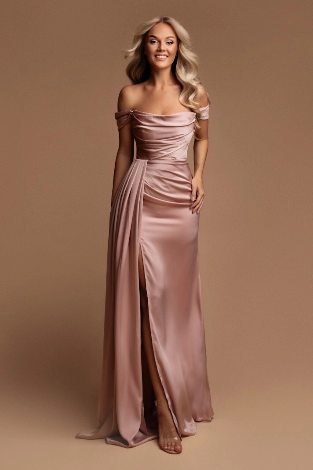 Eva & Lola Poškodený tovar - Staroružové priliehavé šaty spustené na ramená Veľkosť: L