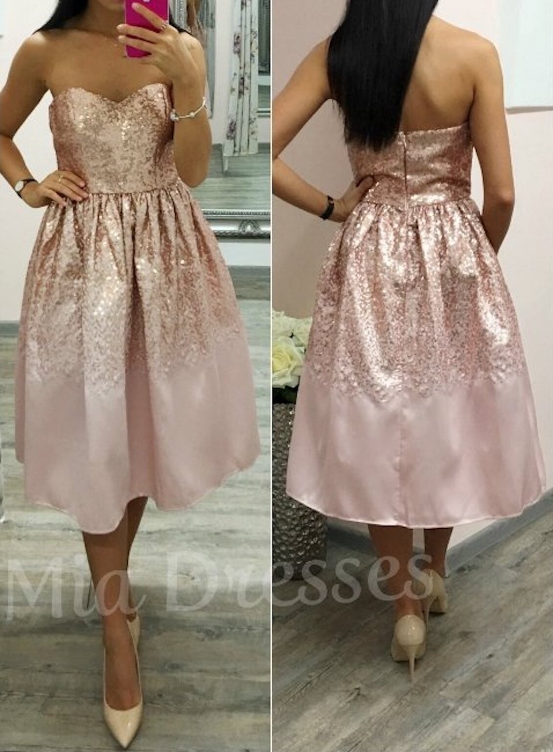 Poškodený tovar - Staroružové midi šaty s flitrami Veľkosť: S