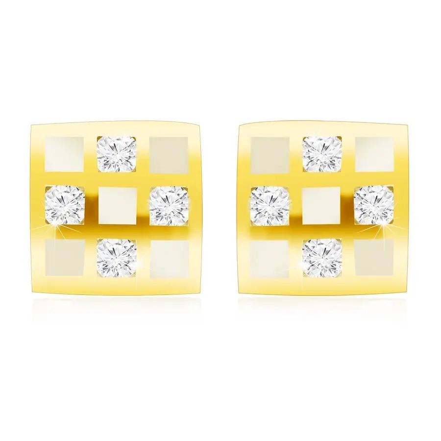 Náušnice zo žltého 9K zlata so šachovnicou, bielou glazúrou a zirkónmi