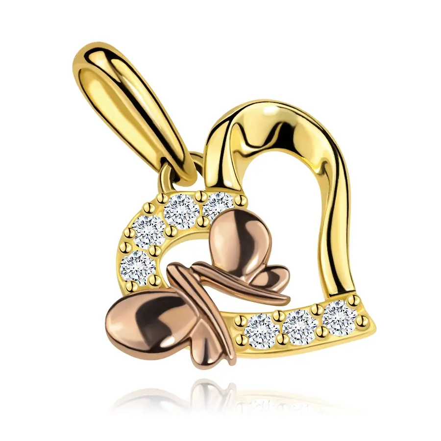 Zlatý prívesok 9K s motívom srdca, dvoma motýľmi a čírymi zirkónmi