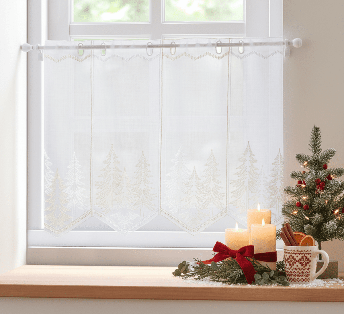 Záclona markízeta, Vyšívané stromčeky, bielo-zlaté 45 cm