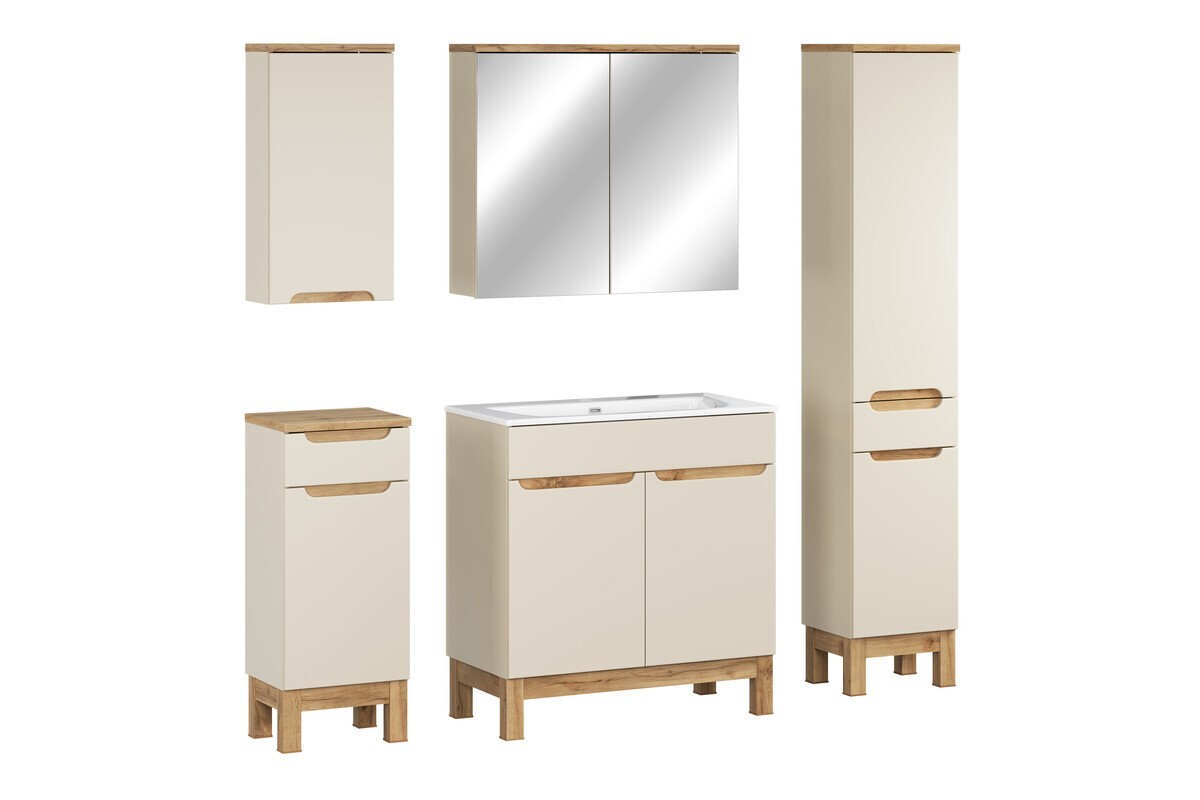 Koupelnová sestava Bali Sky se zápustným umyvadlem, skříňkami a zrcadlem 80 cm kašmírová/dub wotan