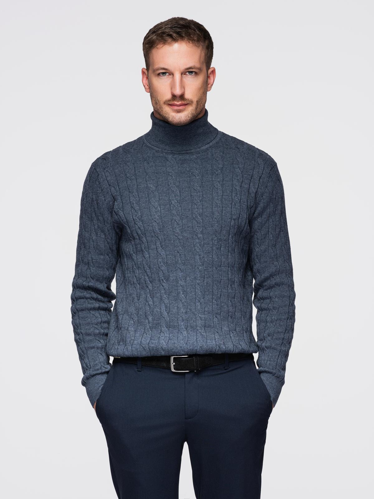 Ombre Men's turtleneck sweater with checkered weave - navy blue