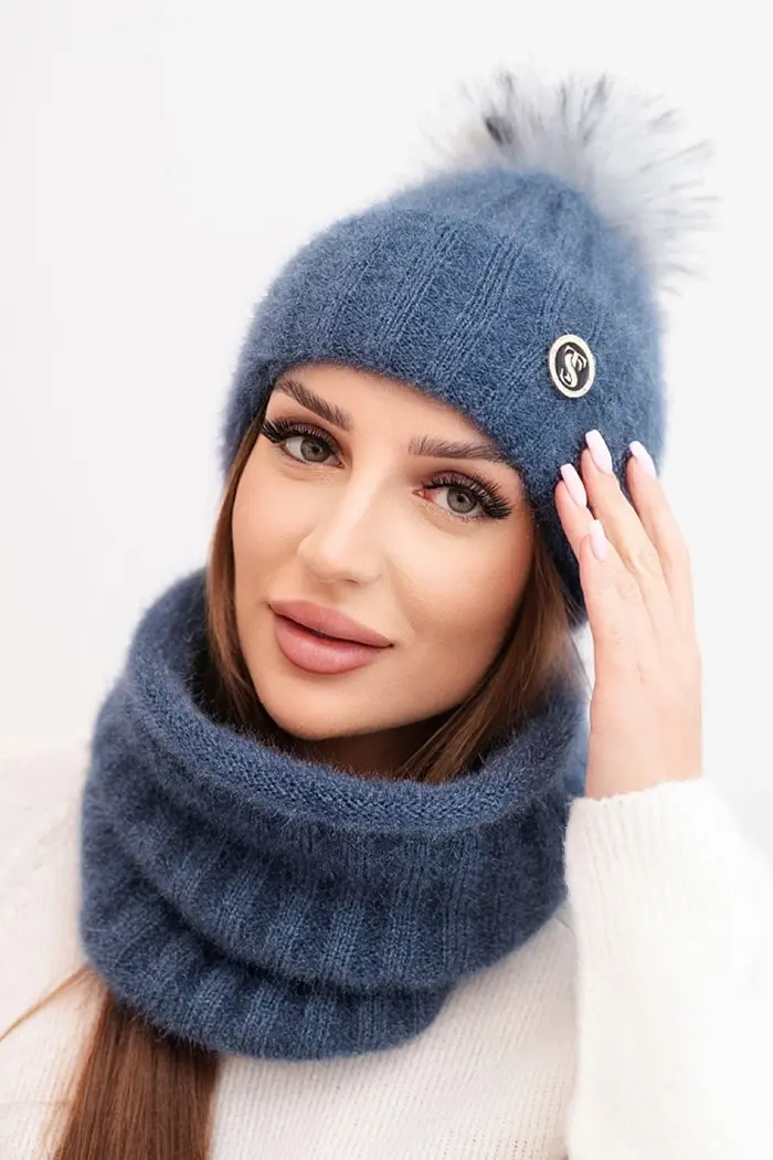 Dámsky zimný set s čiapkou a šálom, modrý