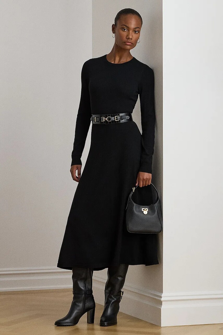 Vlnené šaty Lauren Ralph Lauren čierna farba, maxi, áčkový strih, 200979711