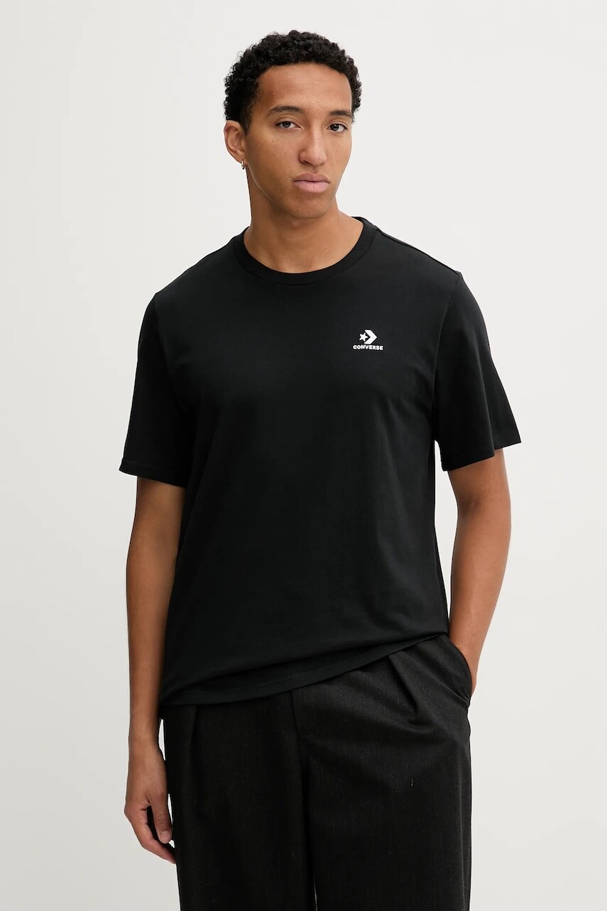 Bavlnené tričko Converse pánske, čierna farba, s nášivkou, CVM5T876