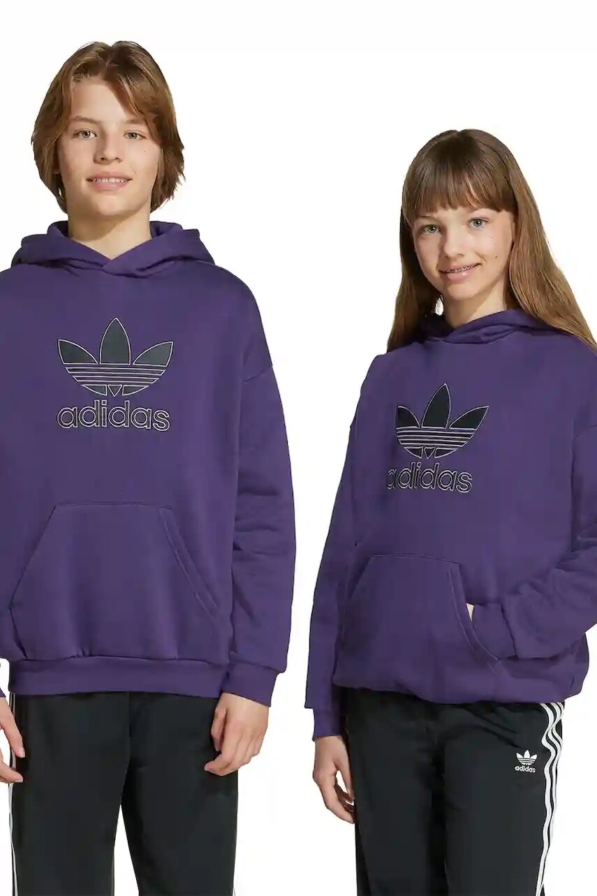 Detská mikina adidas Originals fialová farba, s kapucňou, s nášivkou, JV8653