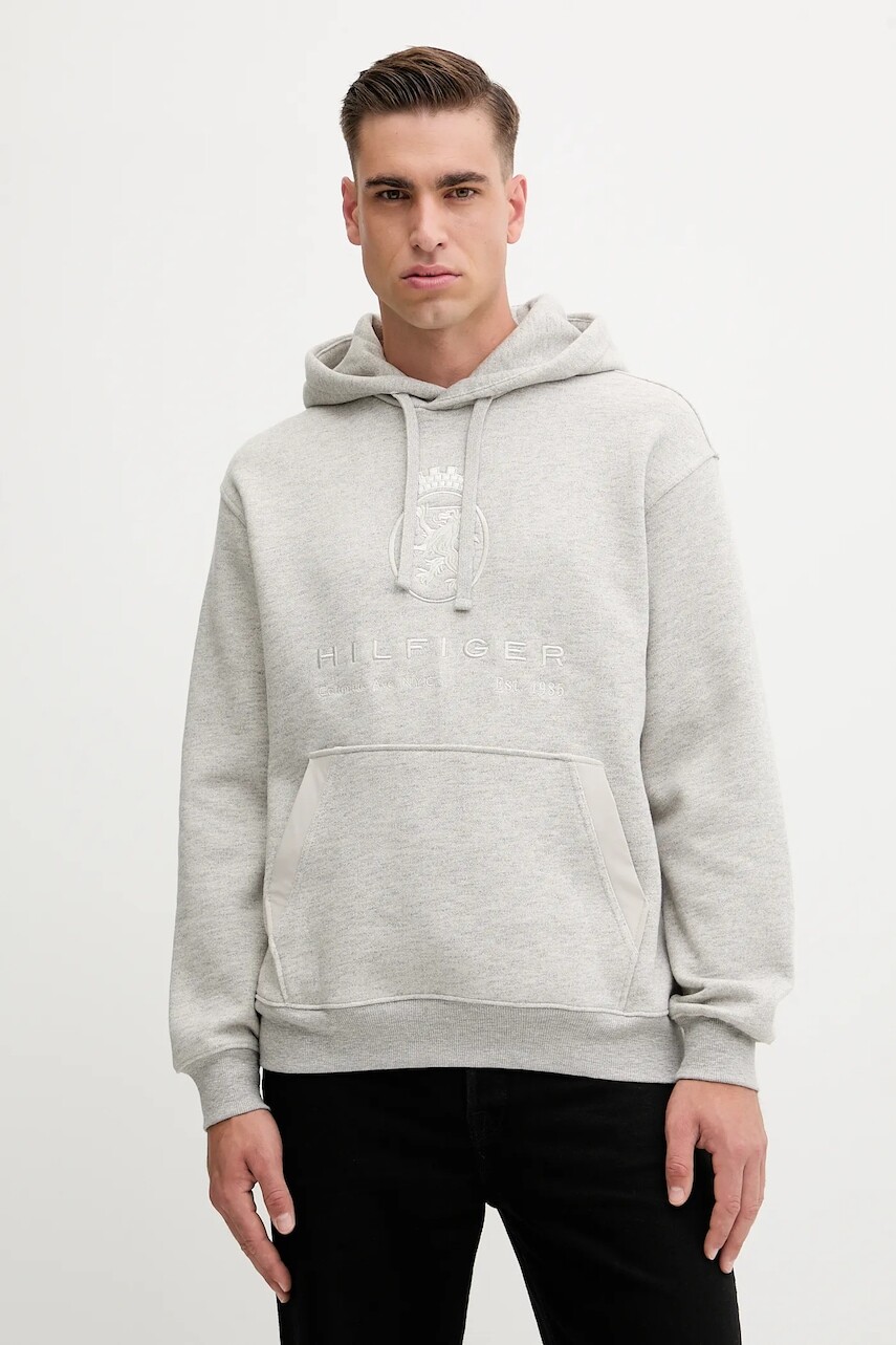 Mikina Tommy Hilfiger šedá farba, s kapucňou, melanžová, MW0MW40046