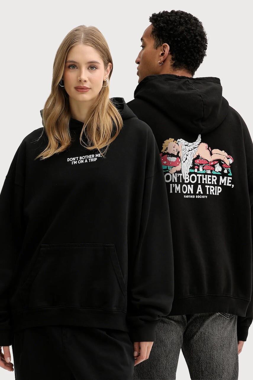 Bavlnená mikina Kaotiko čierna farba, s kapucňou, s potlačou, AR001-02-G002
