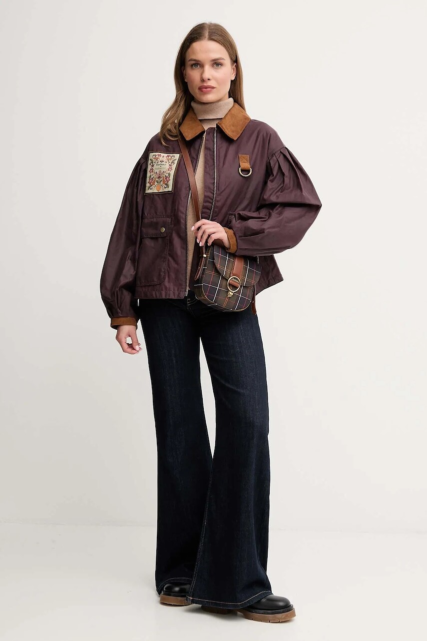 Voskovaná bunda Barbour x Farm Rio bordová farba, prechodná, oversize, LWX1505