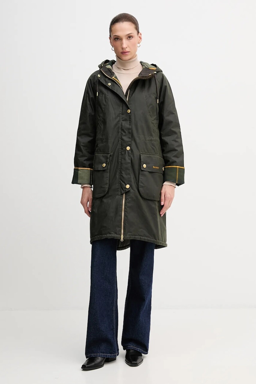 Voskovaná parka Barbour MARCY zelená farba, prechodná, oversize, LWX1456