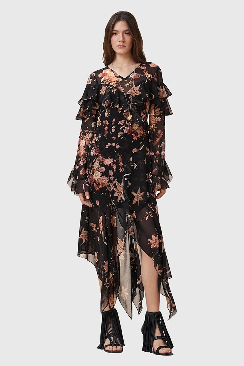 Šaty AllSaints FRESCA čierna farba, maxi, áčkový strih, W021DD