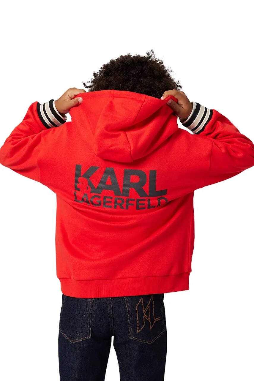 Detská bavlnená mikina Karl Lagerfeld červená farba, s kapucňou, s potlačou, Z30643