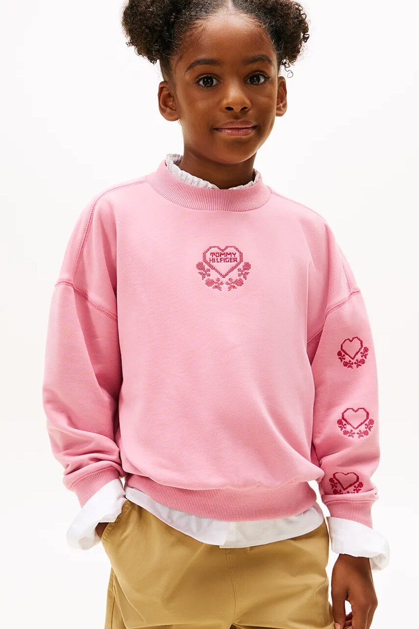 Detská bavlnená mikina Tommy Hilfiger ružová farba, s nášivkou, KG0KG08782