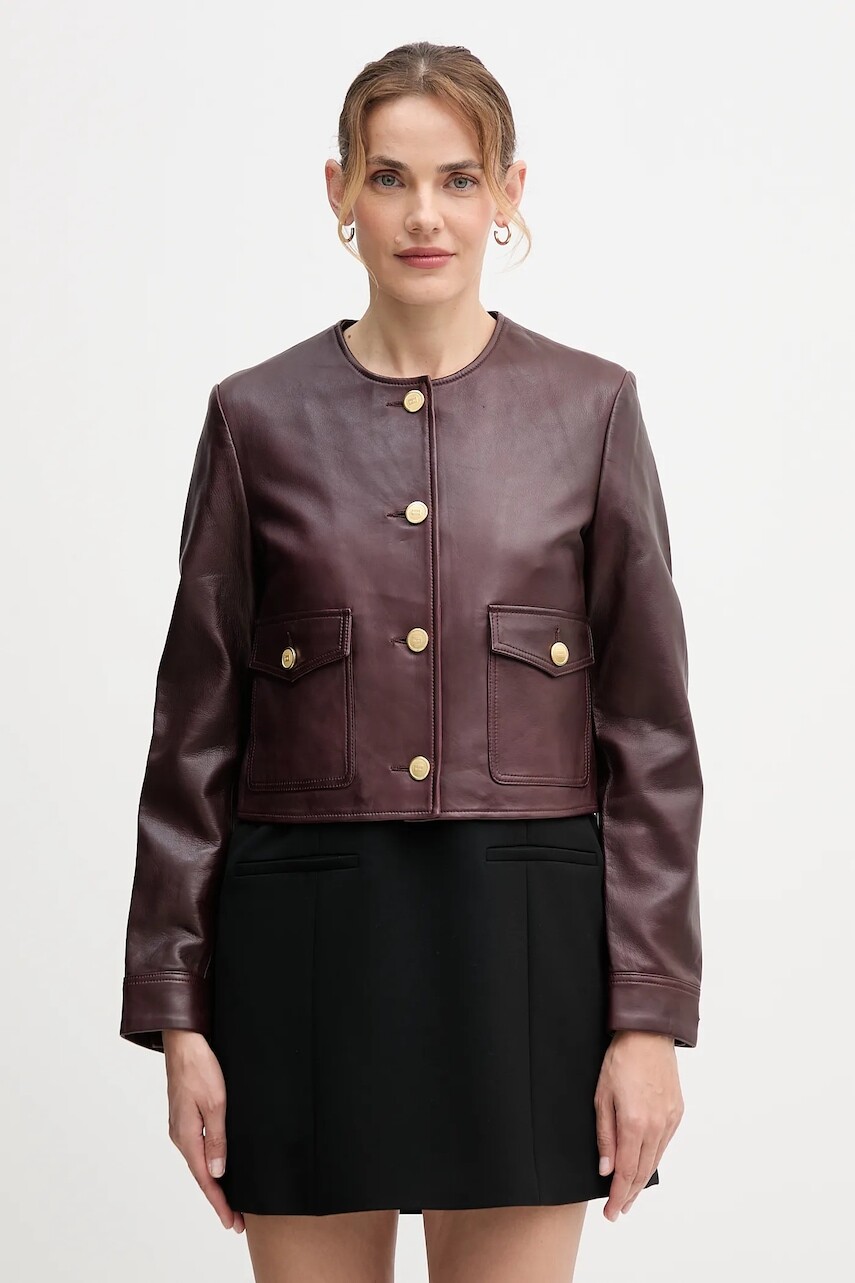 Kožená bunda Tommy Hilfiger bordová farba, prechodná, WW0WW46861