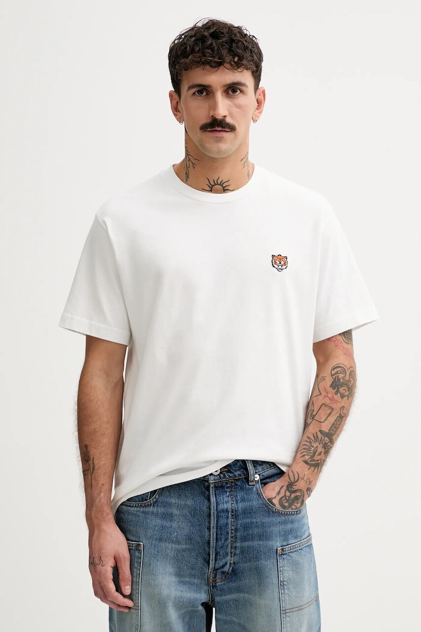 Bavlnené tričko Kenzo Happy Tiger pánske, biela farba, s nášivkou, FF55TS5274SG.02