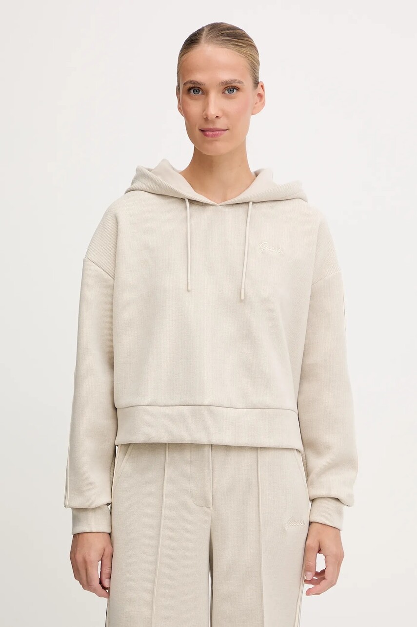 Mikina s prímesou vlny Guess MURIEL béžová farba, s kapucňou, s nášivkou, V5BQ14 KCX52