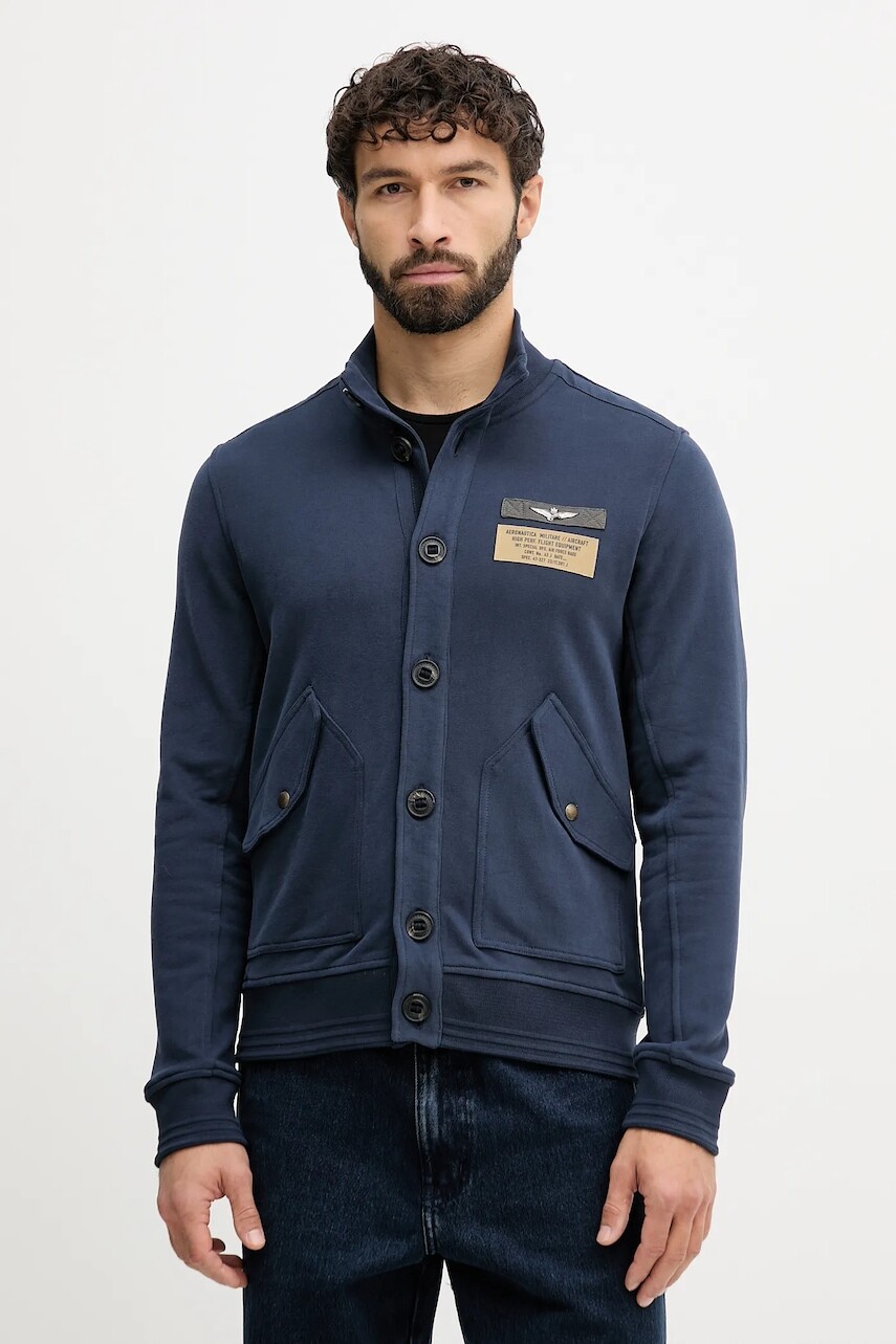 Bavlnená mikina Aeronautica Militare tmavomodrá farba, s nášivkou, FE2072UF00669