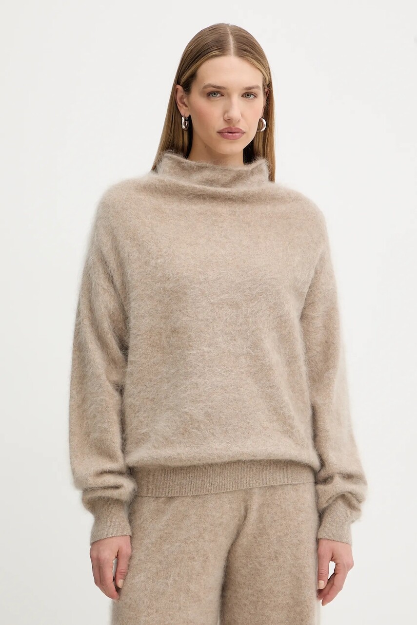 Kašmírový sveter BOSS béžová farba, ľahký, s polorolákom, 50550806