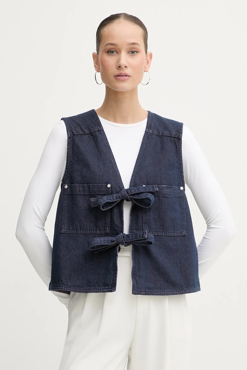 Obojstranná rifľová vesta Stine Goya tmavomodrá farba, jednoradová, SG-AW25-T101-2406