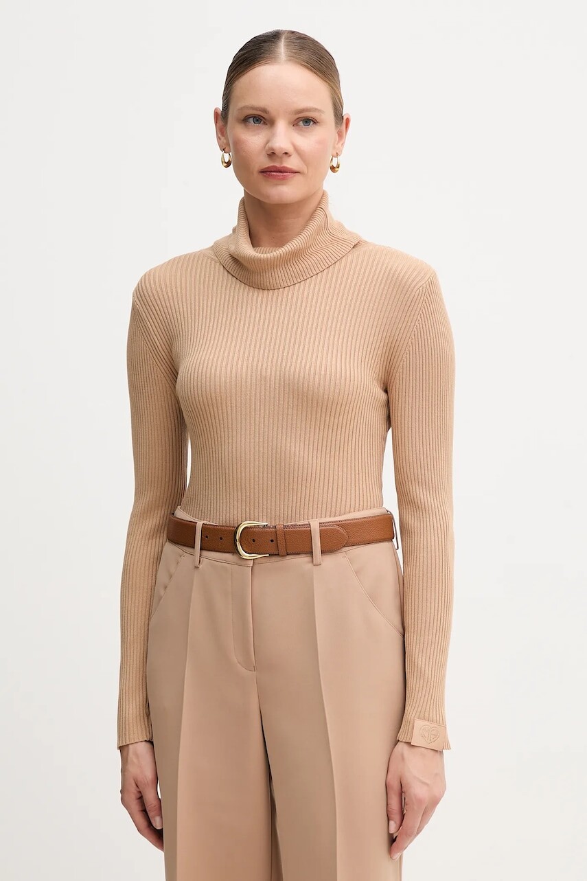 Tričko s dlhým rukávom Marc Aurel béžová farba, s rolákom, 8895-8001-82020