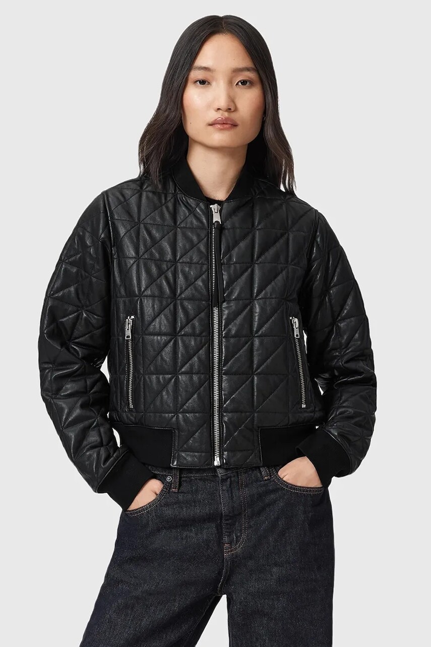 Kožená bunda bomber AllSaints CARLY čierna farba, prechodná, W013LD